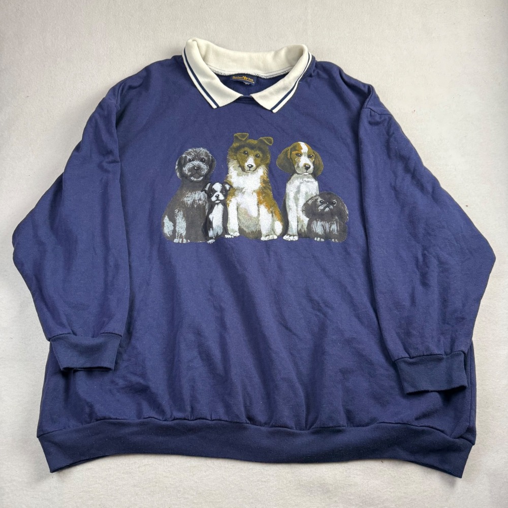 Hunters Run Vintage Navy Dog Graphic Collared Sweatshirt Womens 3X Blue 90s